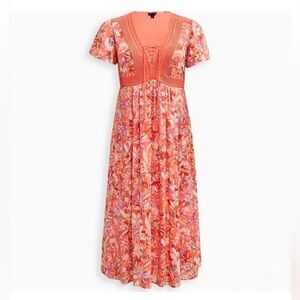 Torrid Floral Maxi Dress 2X Tassel Peasant Cottagecore Boho Coral Orange Pink